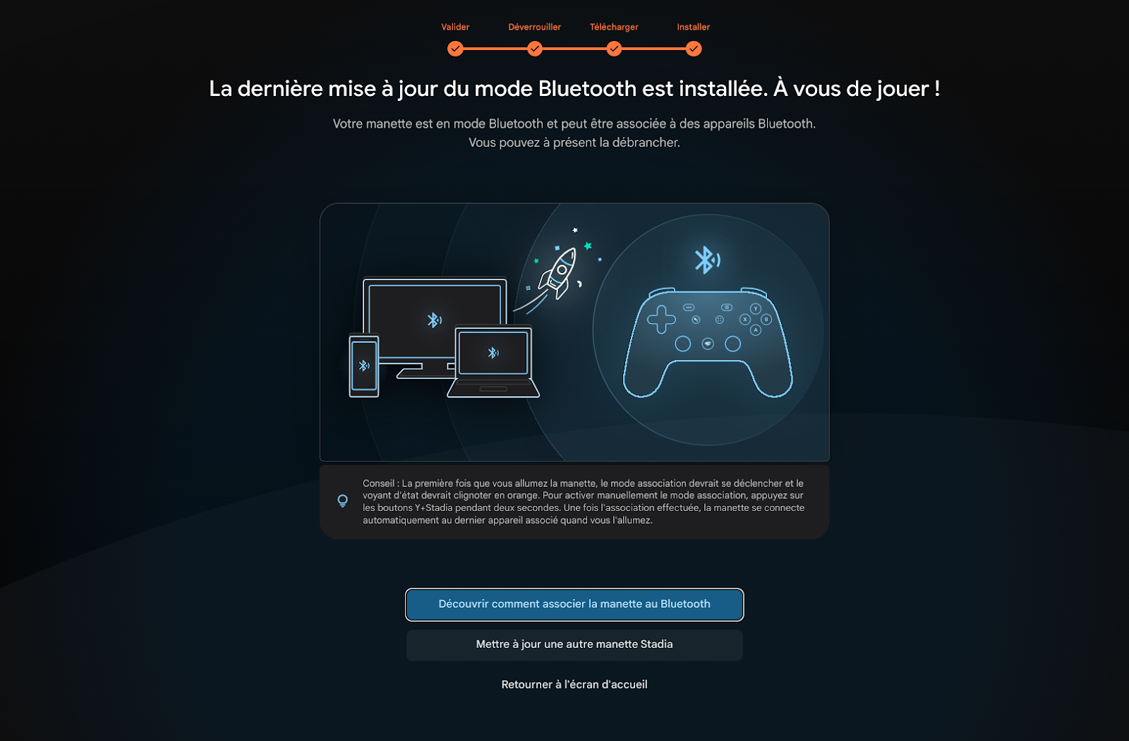 Mode Bluetooth installé sur la manette Google Stadia