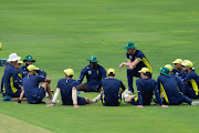 Ottis Gibson (C) coach of South Africa having a chat with players during the South African national mens cricket team training session at Pallekele International Cricket Stadium on August 03, 2018 in Balagolla, Sri Lanka.