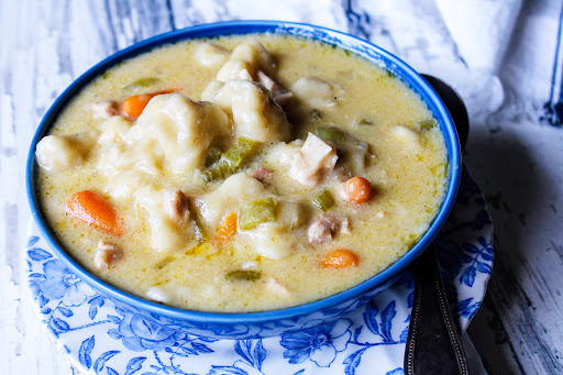 A bowl of Crock Pot Chicken and Dumplings.