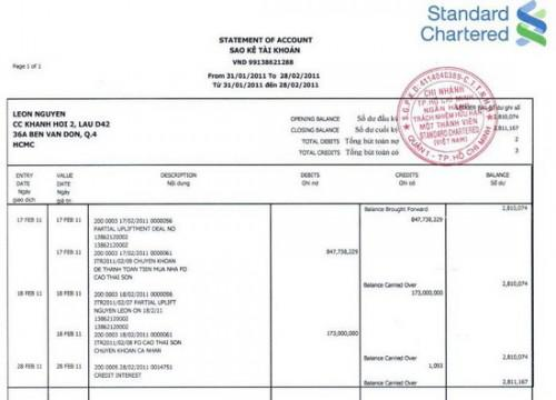 sao kê lương Standard Chartered