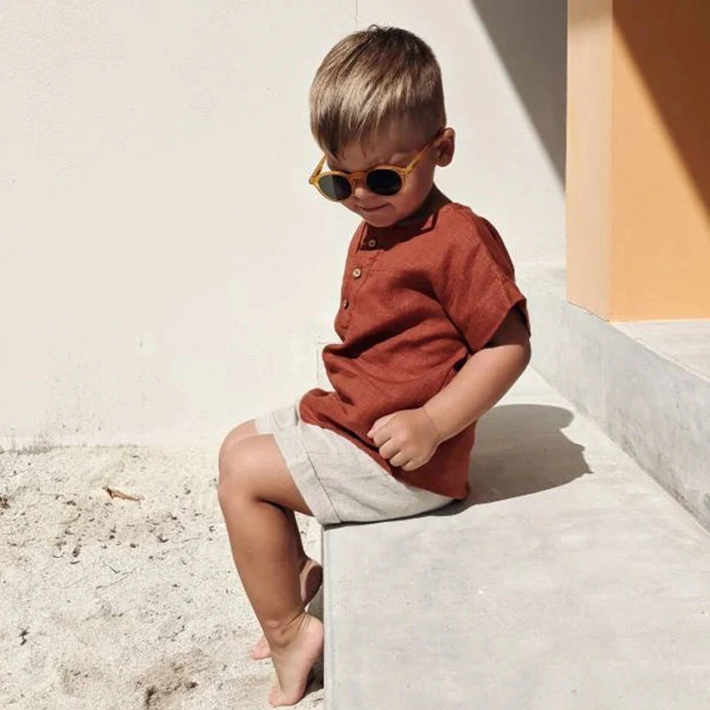 T-shirt estivo 2024 in lino e cotone per bambini, stile Mori, maniche corte, ampio, con bottoni frontali, sottile, per neonati maschi.
