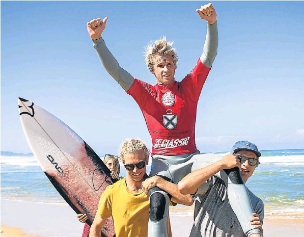 Jordy Maree celebrates after winning the final of the World Surfing League qualifying series rated Royal St Andrews Hotel Port Alfred Classic yesterday