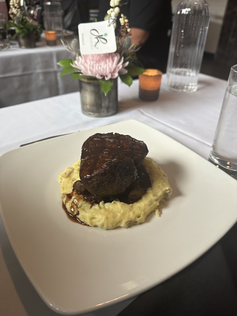 Steak fillet with mashed potatoes and mushrooms