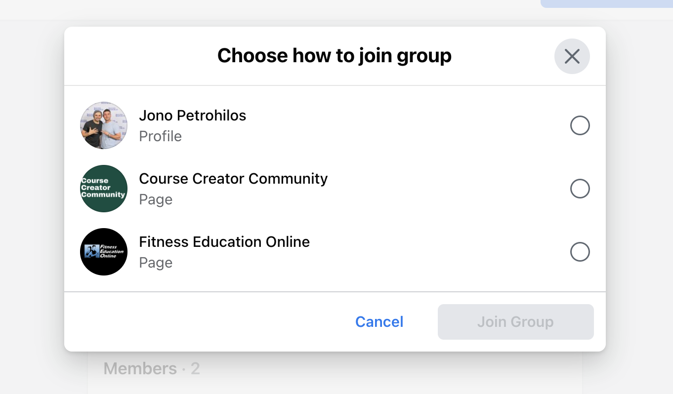 Step 3: If the Group allows Pages to join - it will give you the option to select how you want to join the Group