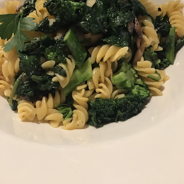 Gf pasta with truffle, broccoli, spinach and asparagus.