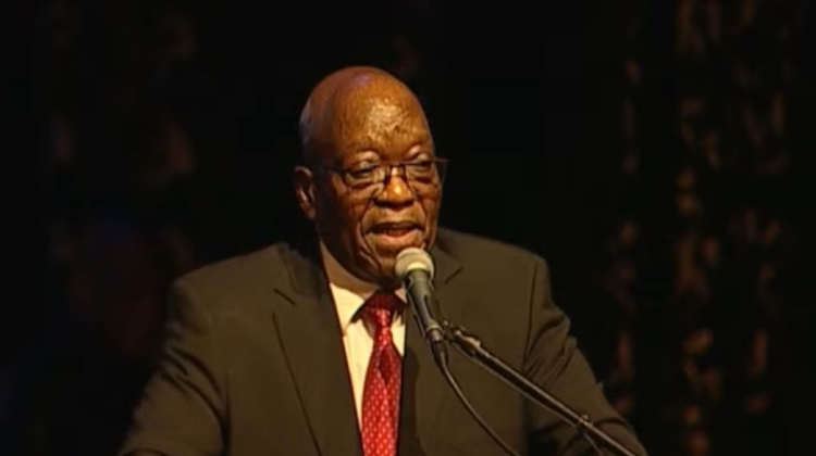 Former president Jacob Zuma speaking at Mbongeni Ngema's memorial service.