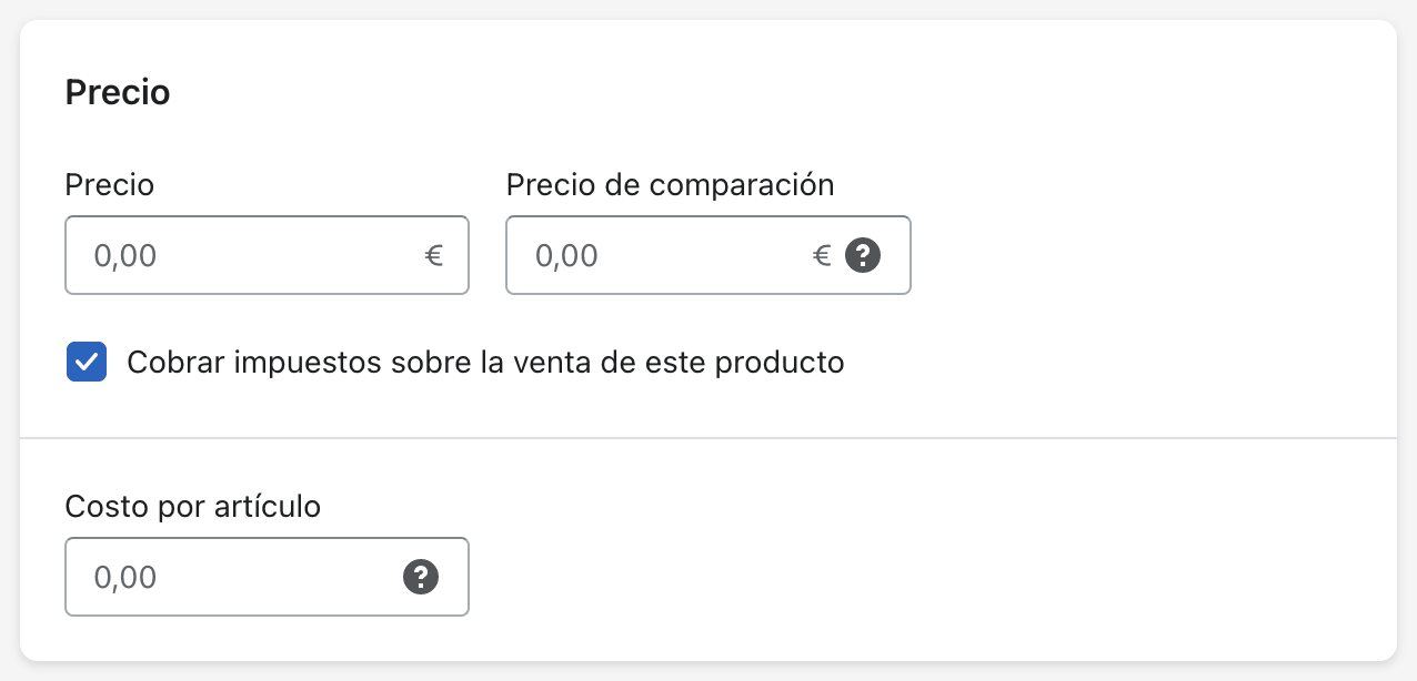 Añadir precio a un producto en Shopify