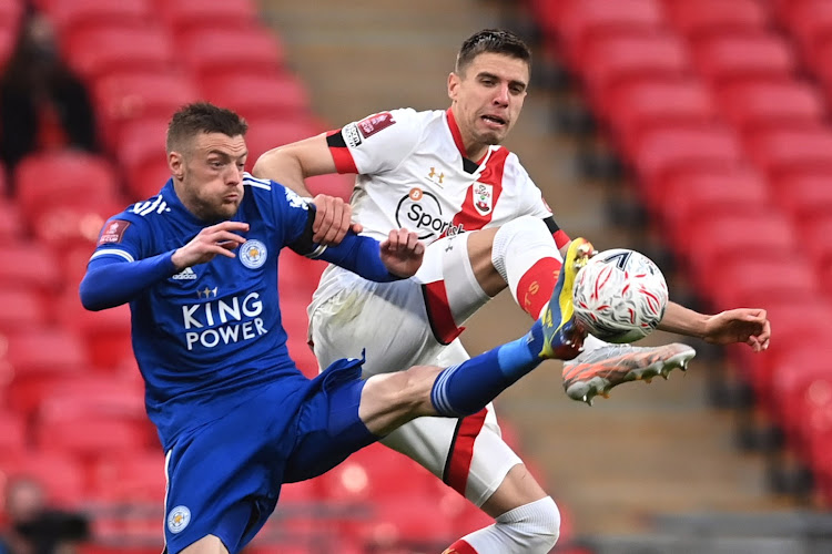 Leicester City's Jamie Vardy in action with Southampton's Jan Bednarek