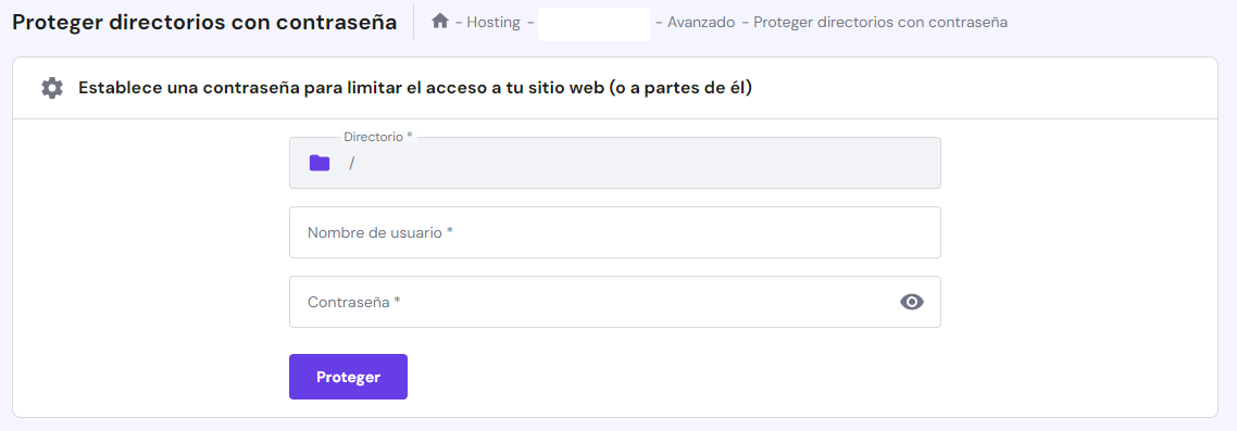 Sección Proteger directorios con contraseña de hPanel