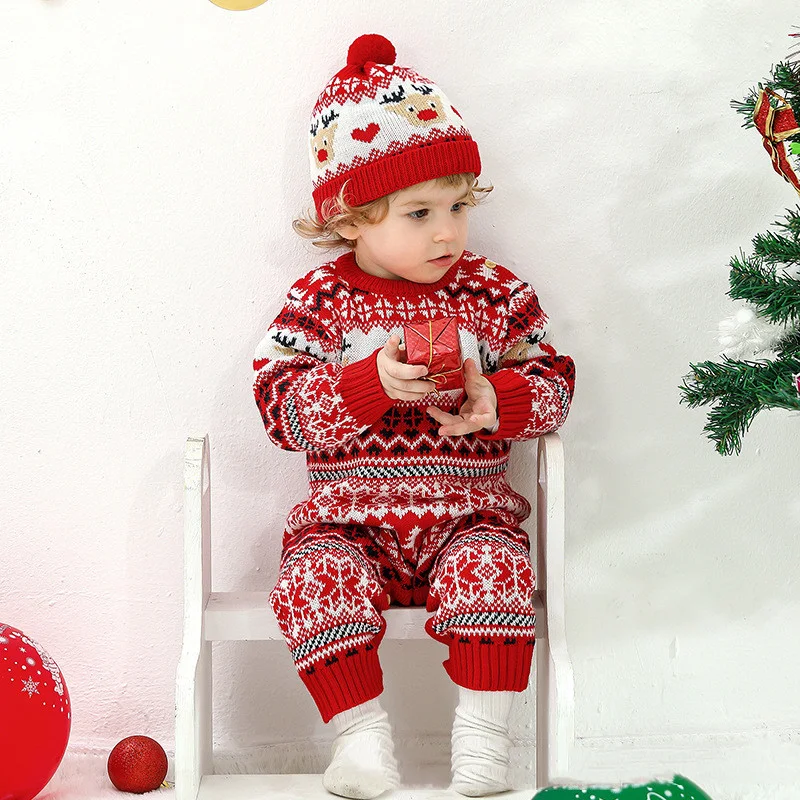 Lange Mouw Rendier Onesie Romper Jumpsuit Kerstmuts, Schattige Baby Outfit voor Kerstmis, Warm en Comfortabel