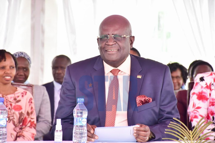 Education CS George Magoha at KNEC headquarters during the release of the 2021 KCSE results on April 23,2022.