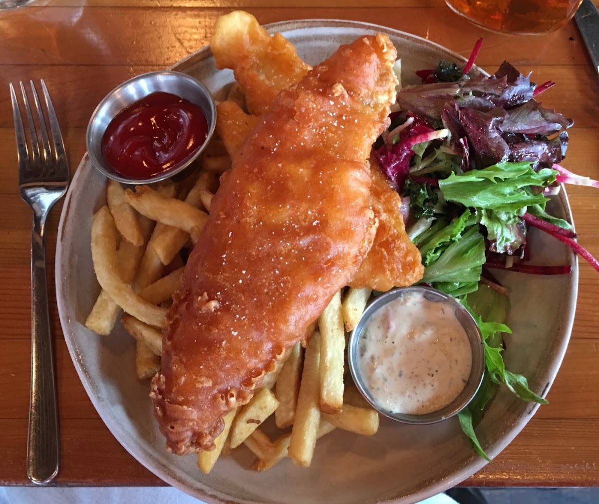 Gluten free Fish & Chips (2 pieces) with small side salad.