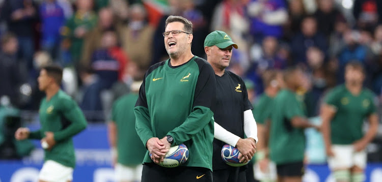 Springboks director of Rugby Rassie Erasmus with outgoing coach Jacques Nienaber. Picture: GETTY IMAGES/WARREN LITTLE