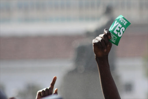 A supporter of the new constitution waves a 'Vote YES' flyer.: