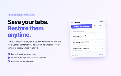 TabVault — Save & Restore Tab Workspaces screenshot 1