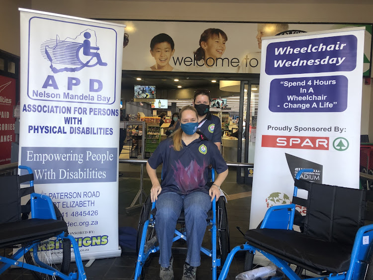 Sonel Lindeque, in the wheelchair, and Chantal Myburgh of the of PE Pearls Ladies Circle No 19 in Port Elizabeth took part in the SPAR Wheelchair Wednesday initiative, run by the Association for Persons with Physical Disabilities NMB, this month