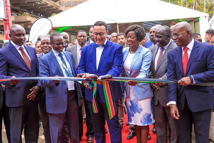 Tourism and Wildlife CS Najib Balala officially opens the 2019 Magical Kenya Travel Expo at the KICC on October 2. He is flanked by Tourism PS Joe Okudo (left), CAS Joseph Boinet (second left) KTB CEO Betty Radier, Wildlife PS Fred Sigor and KTB chairman Jimi Kariuki(right)/COURTESY