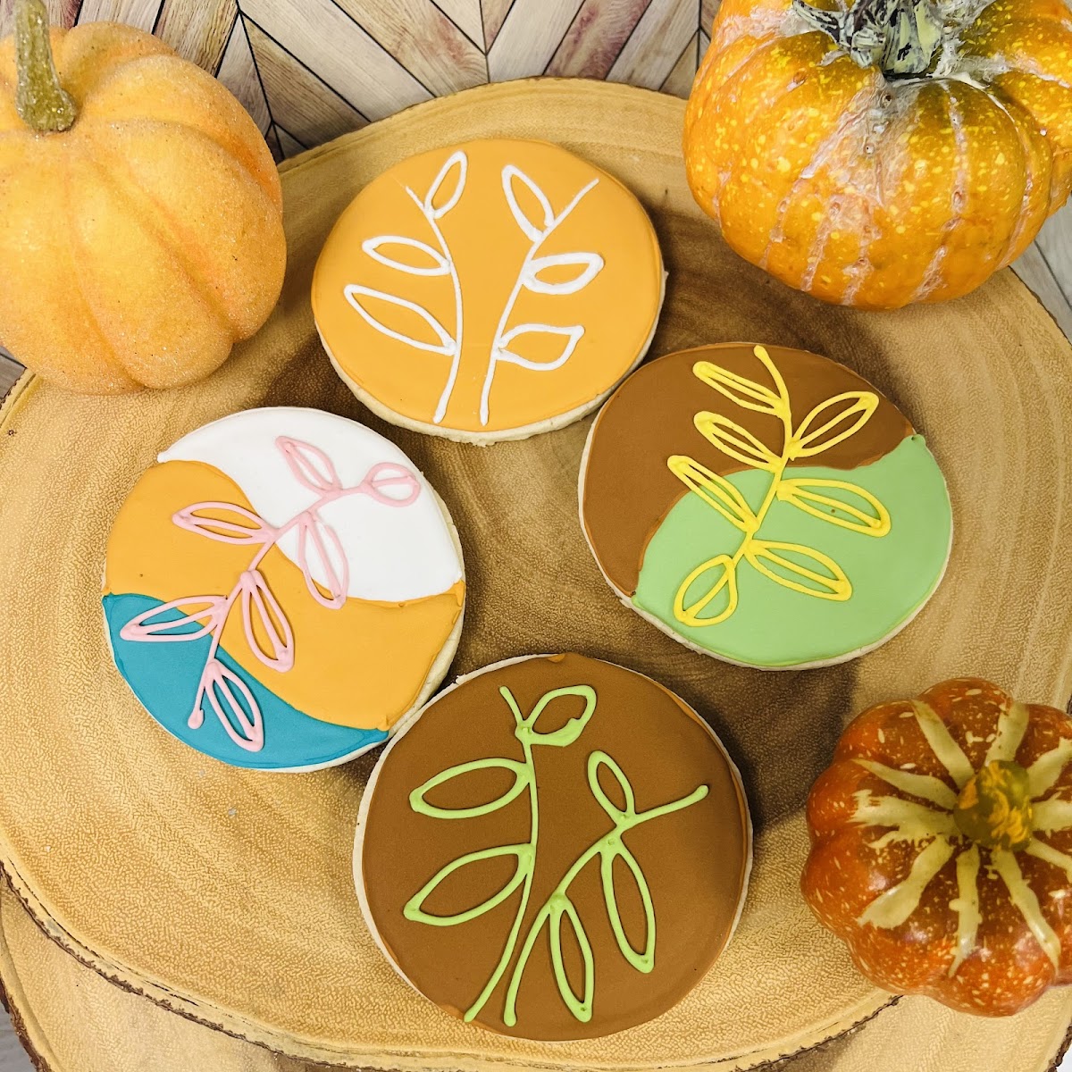 Decorated sugar cookies in seasonal designs- available gf & gf/df.