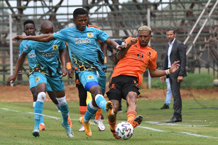 Rodrick Kabwe of Black Leopards challenges Wayde Jooste of Orlando Pirates during the DStv Premiership 2020/21 match between Black Leopards and Orlando Pirates on the 17 January 2020 at Thohoyandou Stadium, Thohoyandou.