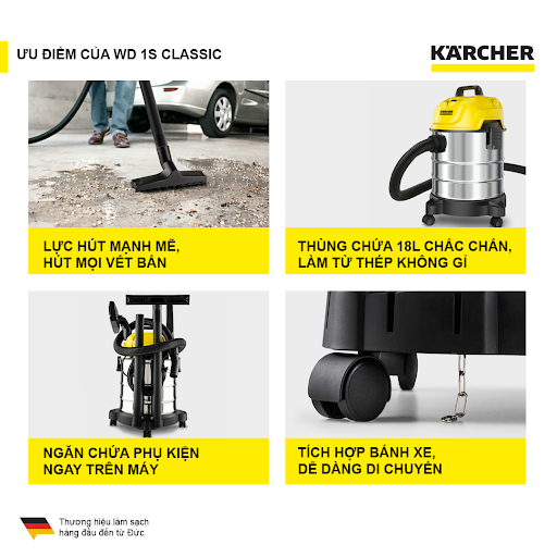 Máy hút bụi đa năng khô và ướt Karcher WD 1s Classic công suất 1300W dung tích 18 lít thép không gỉ