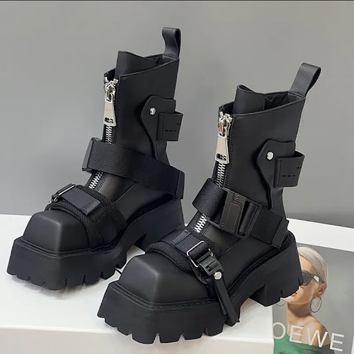 Title 4, Leather Female Square Toe Thick Bottom Front Zi...