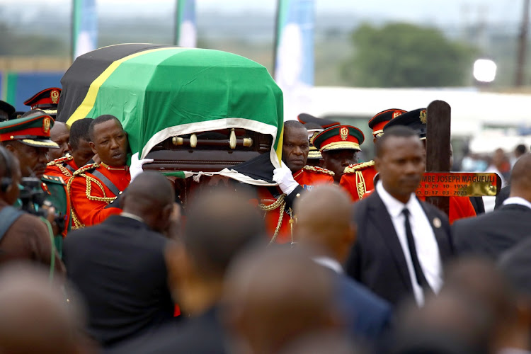 The Tanzanian army carrying late president John Magufuli to his final resting place.