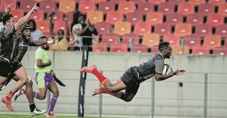 Try scorer Siya Masuku of Carling Champions Team during the Carling Champions Match between Carling Champions Team and Italy A at Nelson Mandela Bay Stadium on July 02, 2022 in Gqeberha.