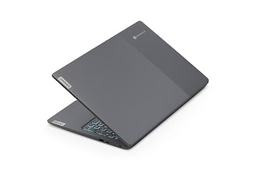Een bovenaanzicht van de achterkant van een iets geopende IdeaPad Gaming Chromebook 16