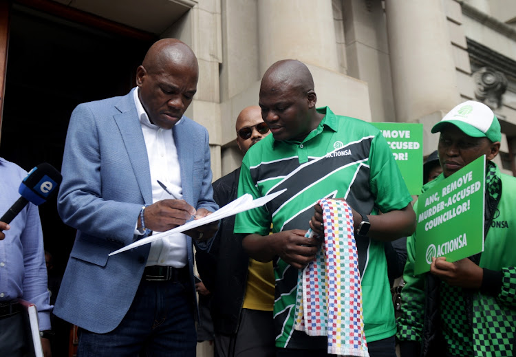 ActionSA KwaZulu-Natal chairperson Zwakele Mncwango leads a picket outside Durban City Hall calling for eThekwini speaker Thabani Nyawose to end salary payments to murder-accused ward ANC councillor Mzimuni Ngiba.