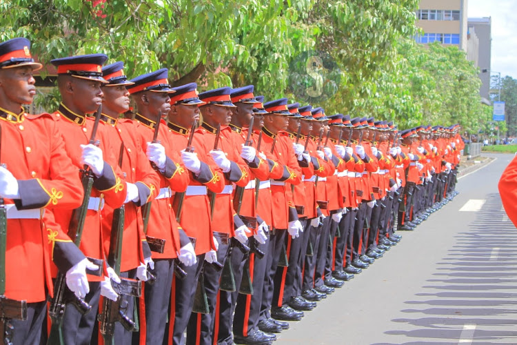 Kenya Defence Forces outside Parliament Buildings, Nairobi, awaiting President William Ruto to inspect the guard of honour on November 9, 2023