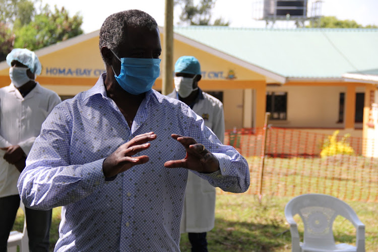 Homa Bay Deputy Governor Hamilton Orata speaks to journalists at Malela Covid-19 isolation centre in Ndhiwa constituency on May 27, 2020.