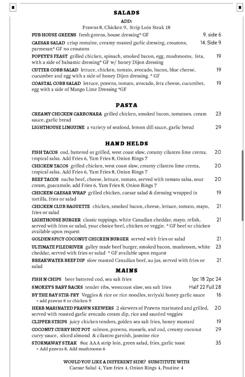 Lighthouse Pub gluten-free menu