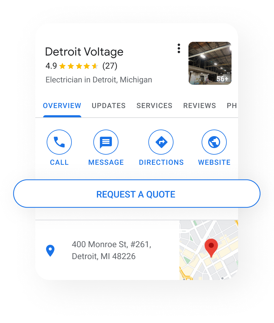 Image of a business Profile on a mobile device view, popping out the request a quote button