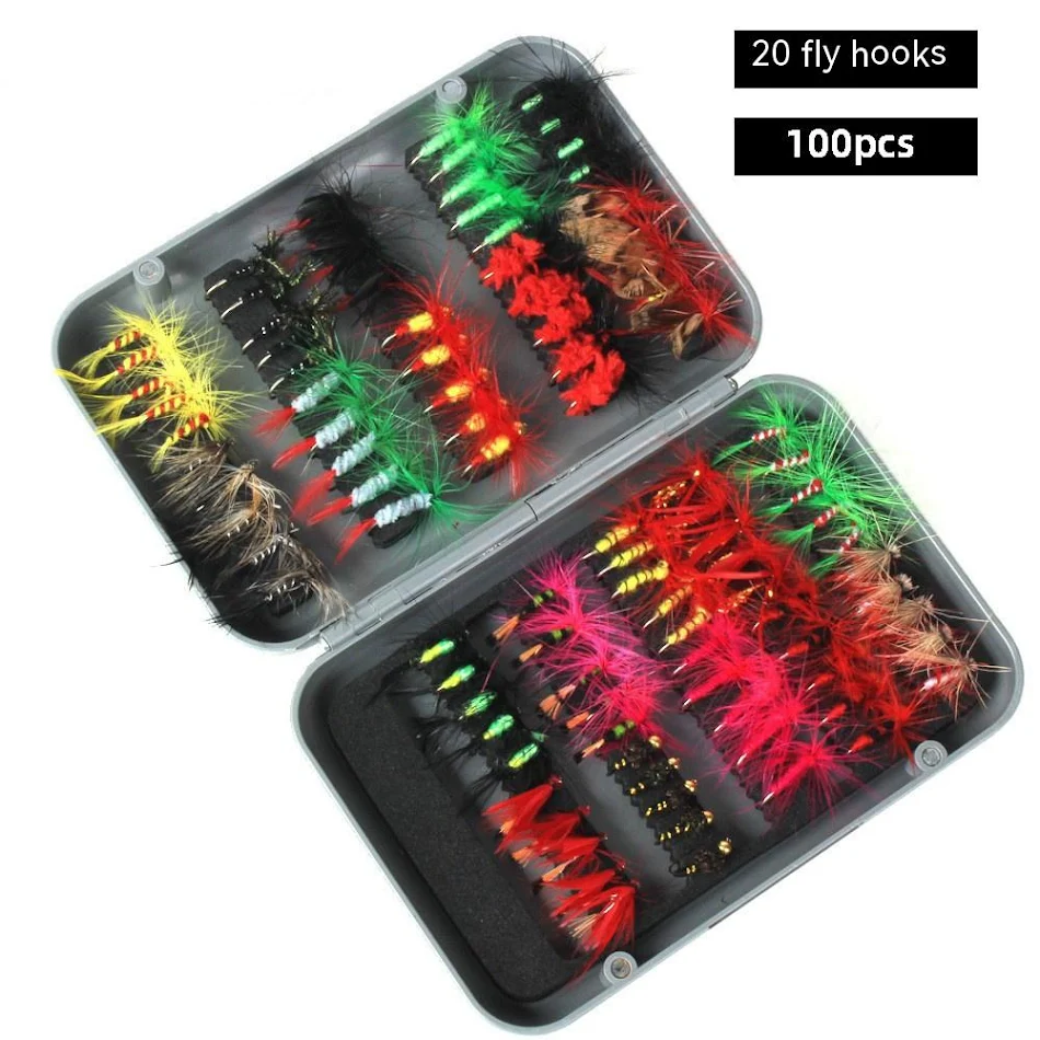 Juego de 100 señuelos de pesca con mosca para una pesca exitosa. Kit completo para atraer peces y disfrutar al máximo tus salidas.