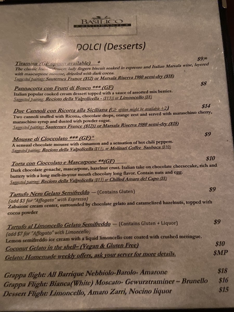 Dessert menu