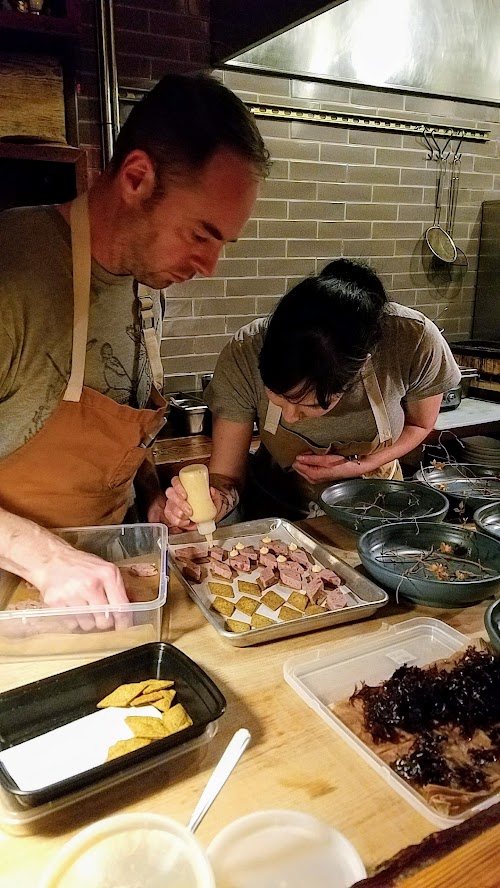 Langbaan PDX Chefs Who Inspire Dinner with Justin Woodward, snack of Antelope pate with beef heart remoulade and seaweed cracker, being artfully plated