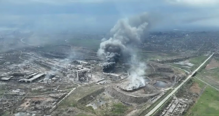 Smoke rises above Azovstal steelworks, in Mariupol, Ukraine, in this still image obtained from a recent drone video posted on social media.