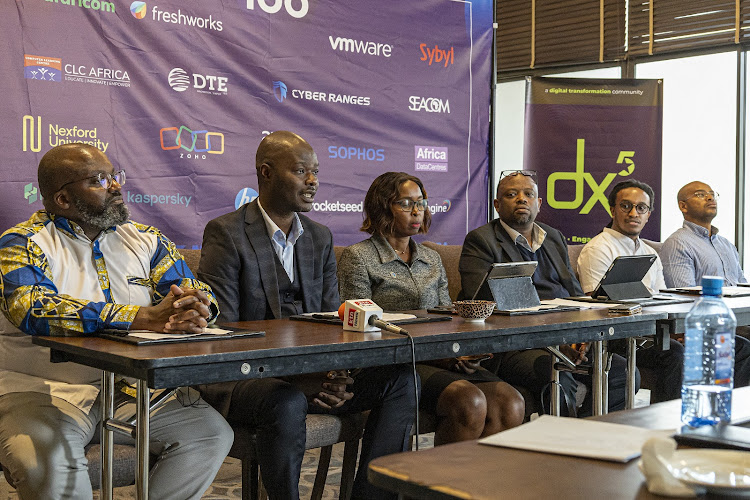 L-R: Moses Kemibaro, CEO, Dotsavvy; Vincent Milewa, Managing Director, DTE Technologies; Pauline Omollo, Head of Sales and Business Development in Africa,CYBER RANGES; Harry Hare, Chairman and Co-founder at dx5; Michael Michie, CTO and Co-founder, Everse Technologies Africa; and Bryan Kariuki, Vice President East Africa at SeamlessHR at a media press briefing at Four Points by Sheraton in Hurlingham Nairobi