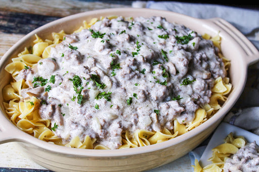 A bit dish of Poor Man's Beef Stroganoff over egg noodles.