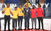 Itumeleng Khune (Kaizer Chiefs), Mduduzi Shabalala (Chiefs), Siphiwe Mkhonza (formerly Chiefs), Makhehlene Makhaula (Orlando Pirates) and Ndumiso Mabena (Pirates) during the Soweto Derby press conference at Vodacom World in Midrand on February 20 2023. 