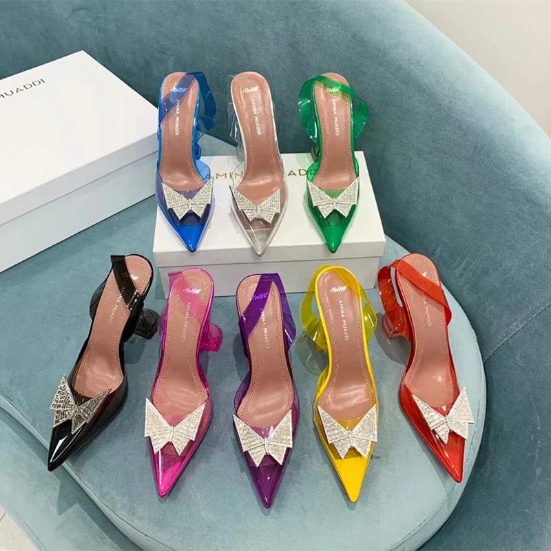Women's PVC transparent bow pointed toe sandals, stylish and comfortable, perfect for summer fashion and elegant looks.
