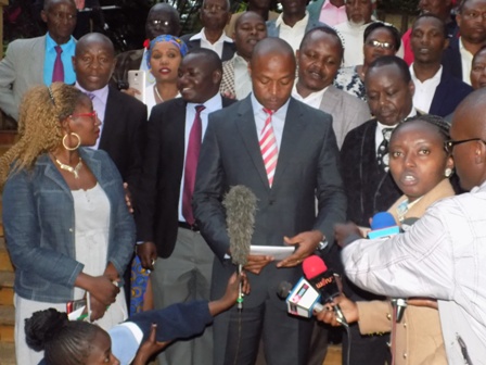 Embu Speaker Josiah Thiriku reads as statement on behalf of Embu MCAs and elders at Mountian Breeze Hotel in Embu Town on Tuesday