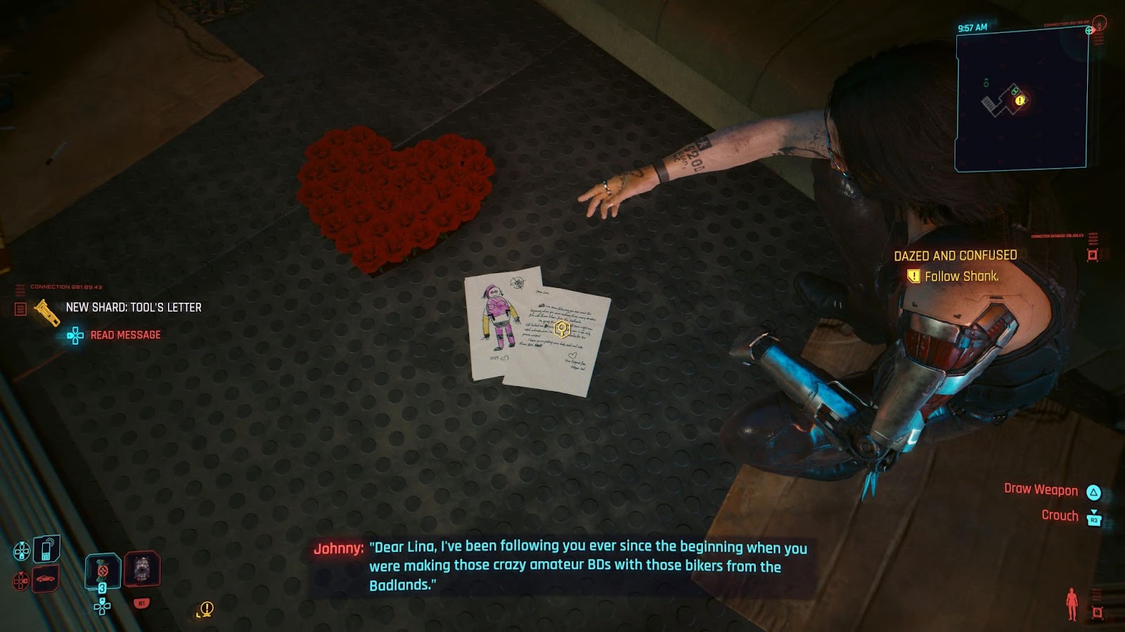 An in game screenshot of Tool's letter to Lina Malina from the game Cyberpunk 2077. 