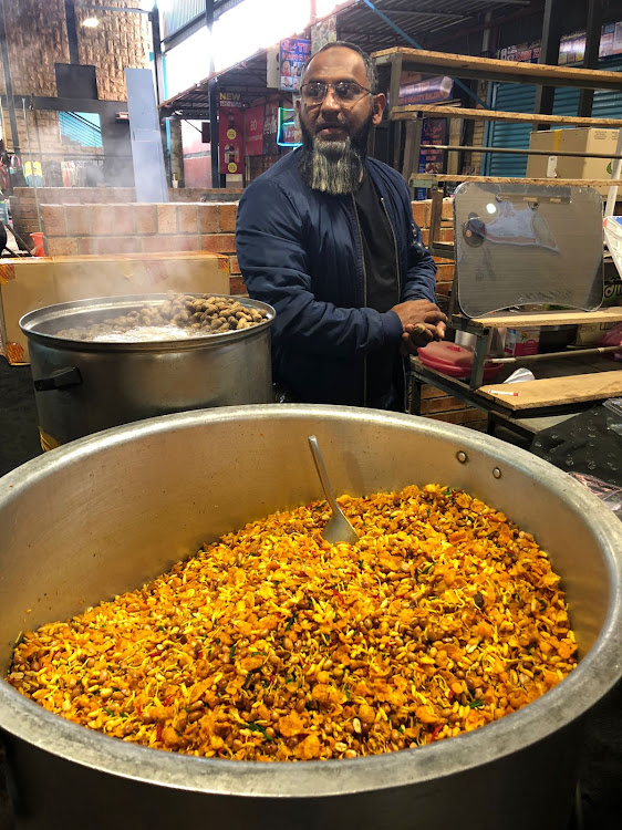 Pots of chivda, an Indian snack mix, at a market in Fordsburg.