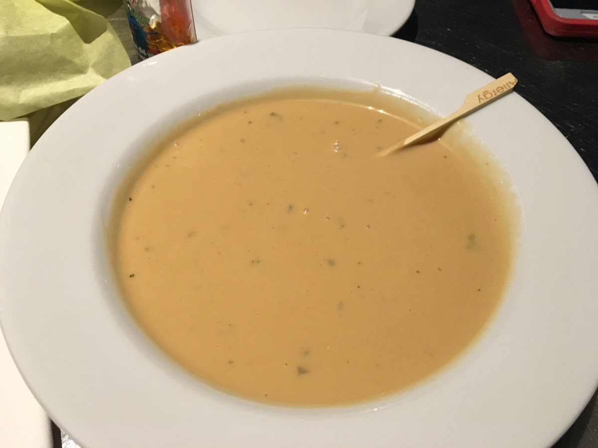 Creamy Lobster Soup.  Perfect temperature and delicious!  2/2016