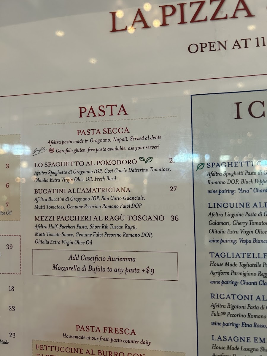 La Pizza e La Pasta gluten-free menu