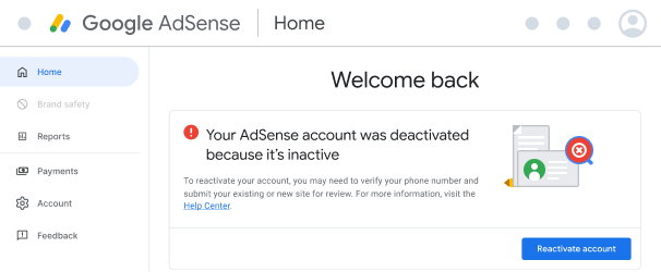 Example of reactivating a closed AdSense account