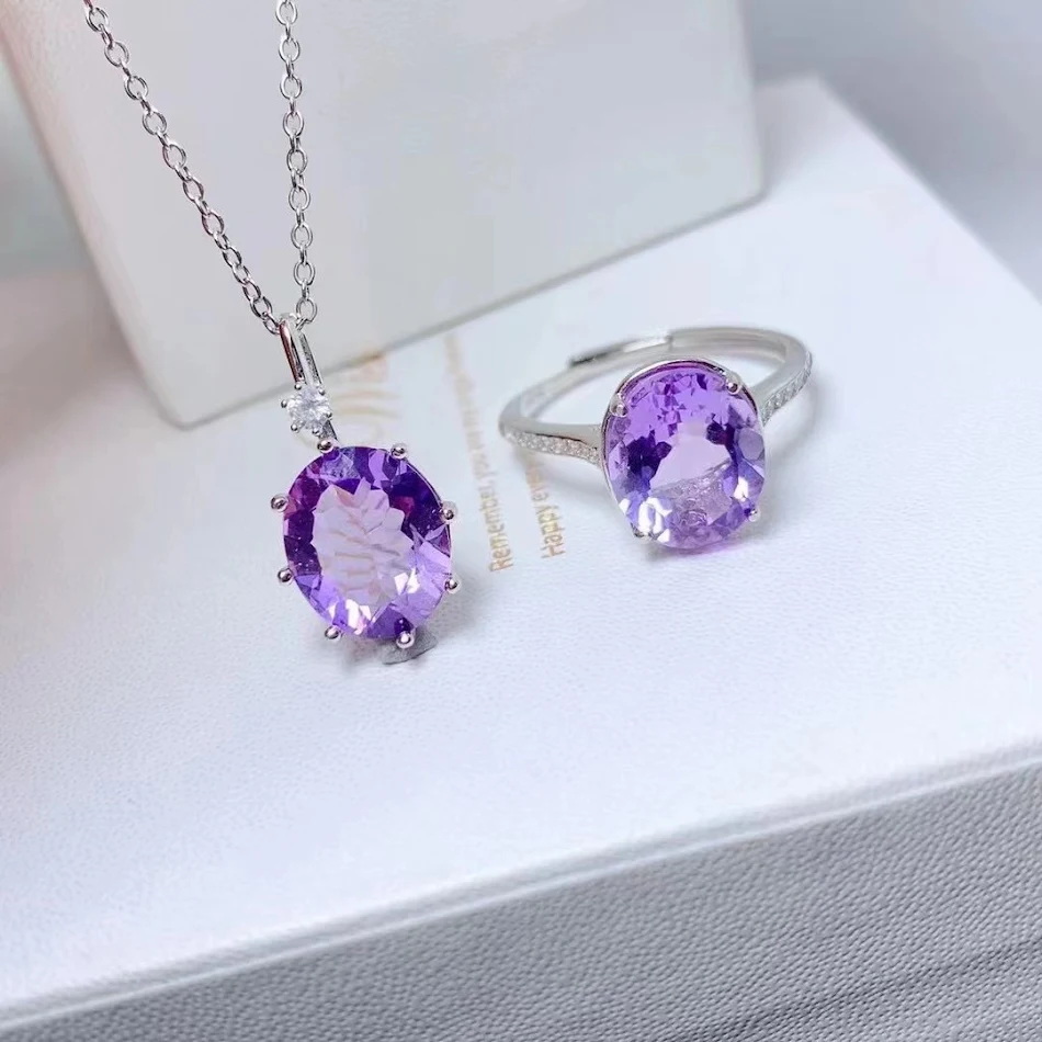 Conjunto 925 Prata Incrustada Ametista Natural Coração Gota. Entrega Multi-especificação. Jóias encantadoras e perfeitas para um presente memorável!