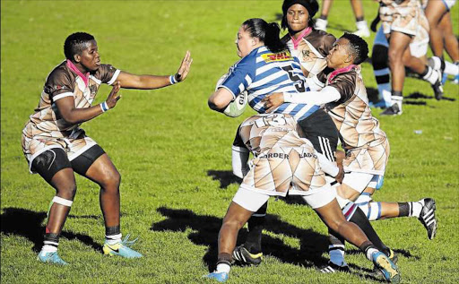 GOING FOR GLORY: Border players try to stop a Western Province player in their last match at the BCM Stadium where they lost 5-7 to Western Province. They play rivals, Eastern Province today Picture: ALAN EASON