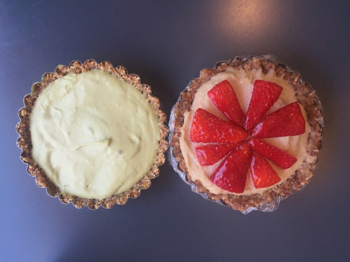 Raw key lime tart and strawberry cashew cream tart